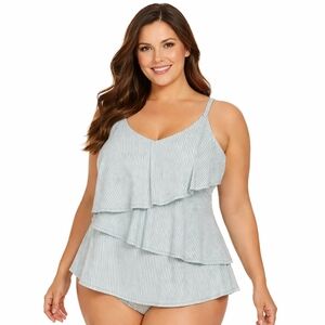 CACIQUE Lane Bryant Green Striped Seersucker Ruffle Swim Top – Size 22